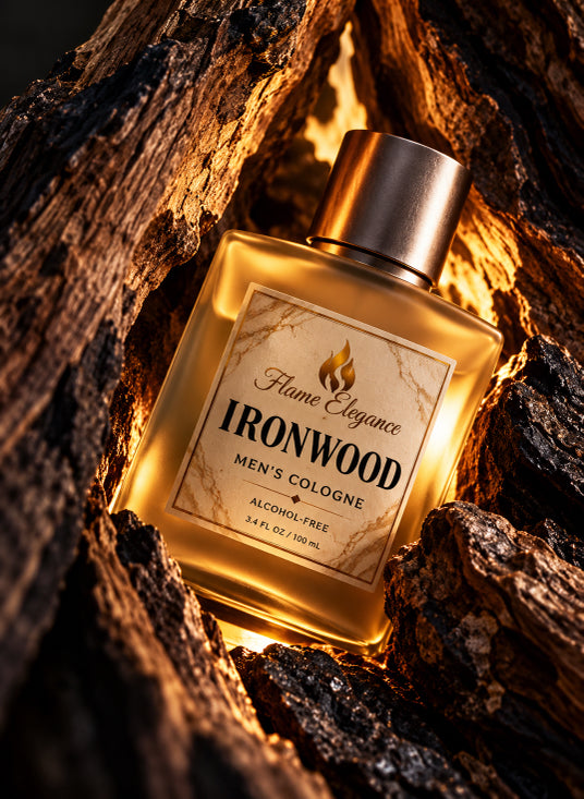 Ironwood men's spray cologne in frosted glass bottle and silver metal lid laying on a piece of wood. 