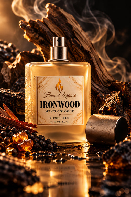 Ironwood men's cologne by Flame Elegance. Lid is off and wood that is smoking is in the background with some amber in the front. 