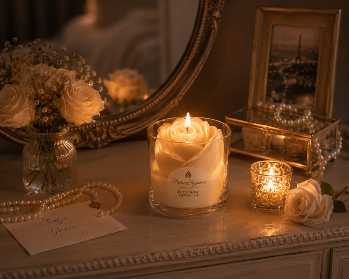 A lit rose-shaped candle in a clear glass jar sits on a vanity table, surrounded by cream roses, pearl strands, a small gold-framed picture, and a mirror in a warm, softly lit room scented with mystical waters by Flame Elegance. Ivory Rose Devotion.