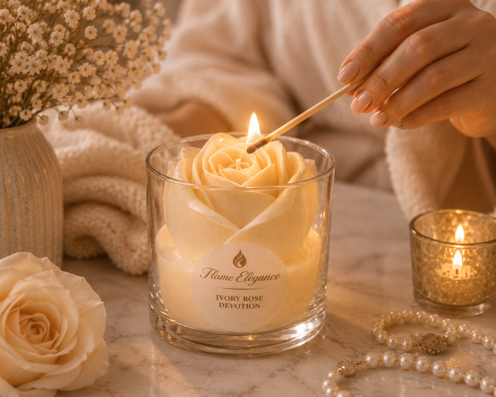 A glass jar candle shaped like an ivory rose is lit with a wooden match in a cozy indoor setting. The candle label reads 'Flame Elegance' and 'IVORY ROSE DEVOTION'.