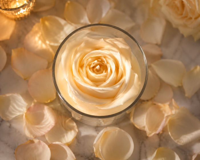 A clear glass candle holder containing a pale cream rose, surrounded by scattered rose petals on a light marble surface with warm sunlight and a small candle in the corner. Candle by Flame Elegance. Ivory Rose Devotion.