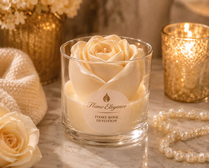 A glass jar candle with a large cream-colored rose flower on top, labeled 'Flame Elegance Ivory Rose Devotion.' The candle sits on a marble surface with warm decorative props, including a gold candle holder, pearl beads, a knit textile, and a rose blossom, creating a cozy styled scene. Candle by Flame Elegance. Ivory Rose Devotion. 