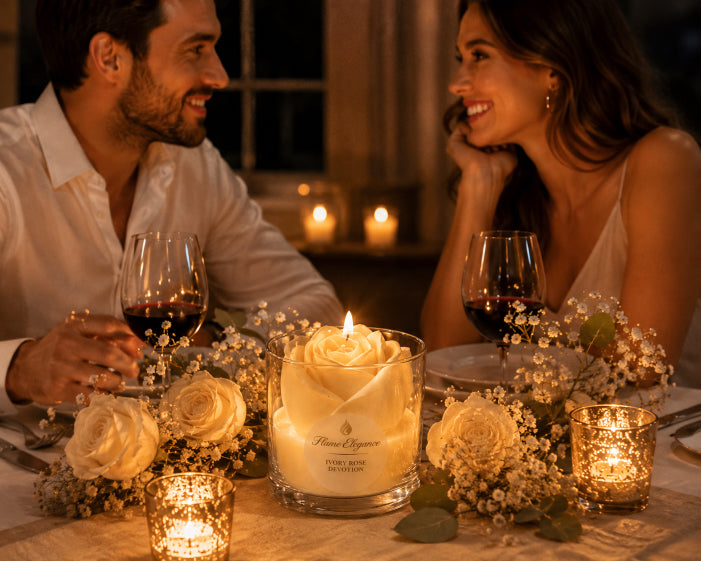 A romantic candlelit dinner scene with a couple seated at a table, smiling at each other. The centerpiece is a large white candle in a clear glass vessel, surrounded by flowers, wine glasses, and small glowing candles. Candle by Flame Elegance. Ivory Rose Devotion. 