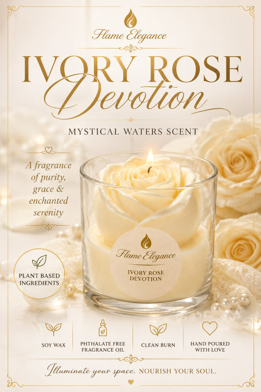 Flame Elegance Ivory Rose Devotion scented candle in a clear glass jar, surrounded by ivory roses and decorative pearls on a cream background with gold text.