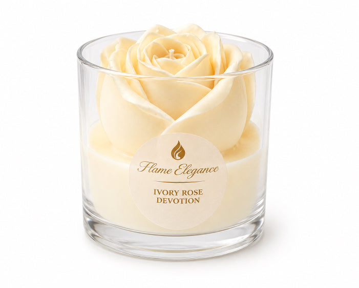 An ivory preserved rose candle in a clear glass jar with a cream-colored wax base. The label on the front reads 'Flame Elegance' and 'IVORY ROSE DEVOTION'.