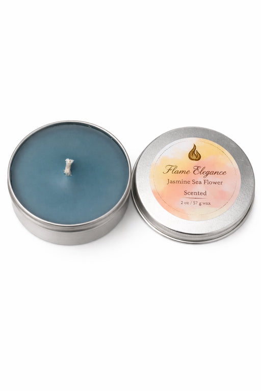 Scented Jasmine sea flower soy  candle in a tin with a visible label on a white background with Flame Elegance label