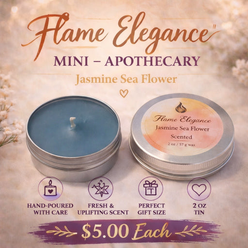 Flame Elegance Jasmine Sea Flower candle with packaging on a decorative background