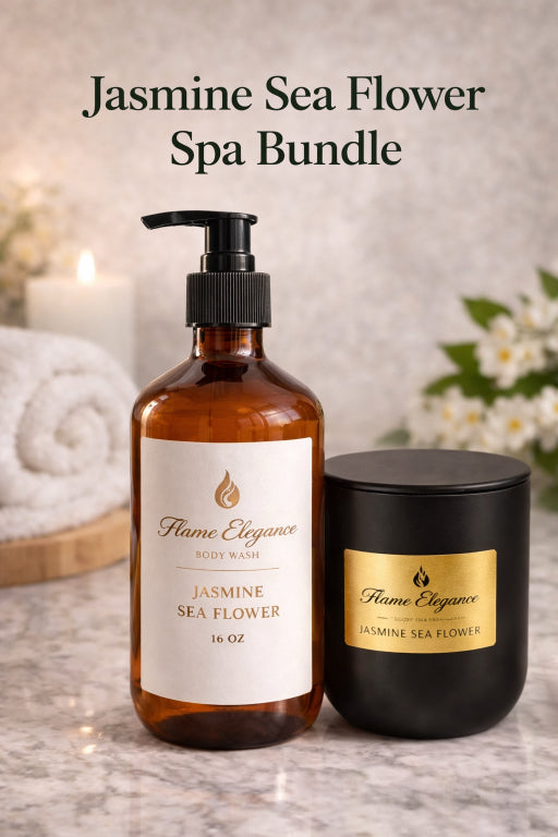 Flame Elegance Jasmine Sea Flower Spa Bundle with body wash and candle on a marble surface.