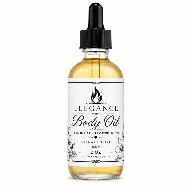 bottle of flame elegance body oil infused with jasmine sea flower to attract love