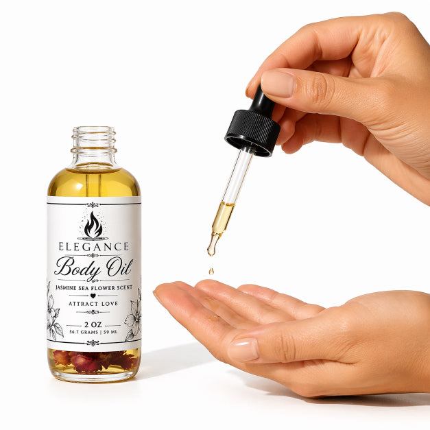flame elegance body oil with dropper and hands with white background