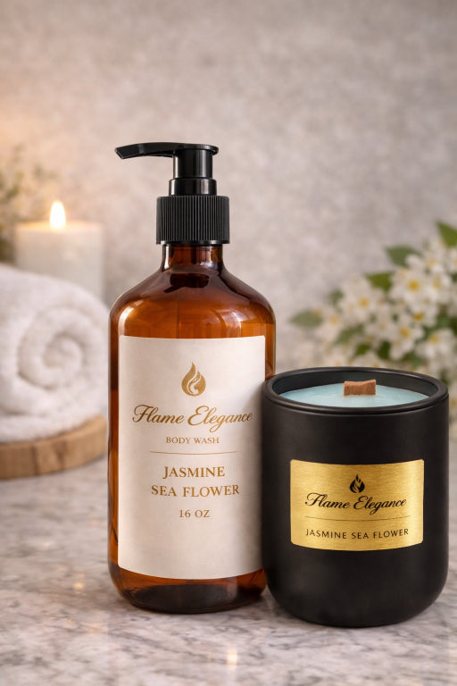 Flame Elegance body wash bottle and candle on a marble surface with a blurred background