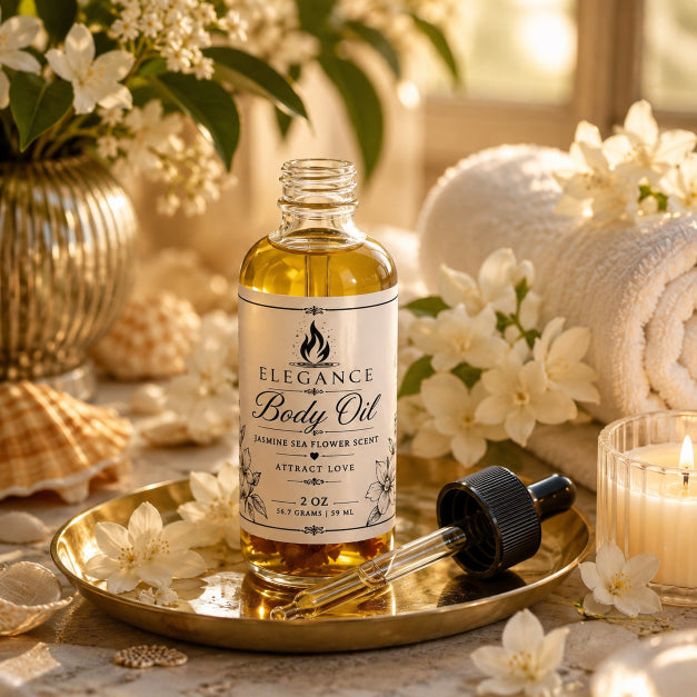 Image of Jasmine Sea Flower Attract Love botanical body oil by Flame Elegance. Body oil is sitting on a tray open with dropper next to it. Jasmine flowers around it and white towel sitting next to it rolled up. 