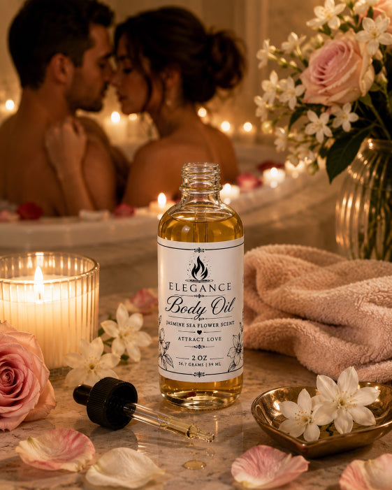 bottle of jasmine sea flower attract love body oil sitting on a table with a man and woman sitting in a bath tub. body oil has a label on it that say Flame Elegance Attract Love