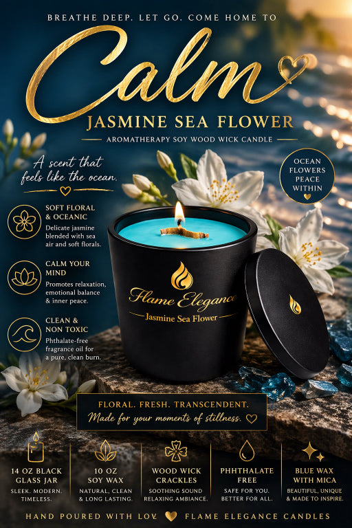 Candle packaging for 'Jasmine Sea Flower' with branding and product details.