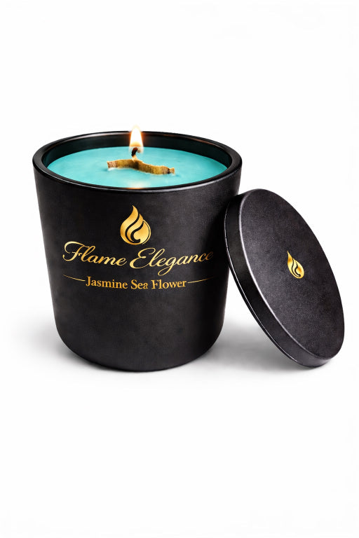 Black candle with 'Flame Elegance' branding and a lit candle inside on a white background