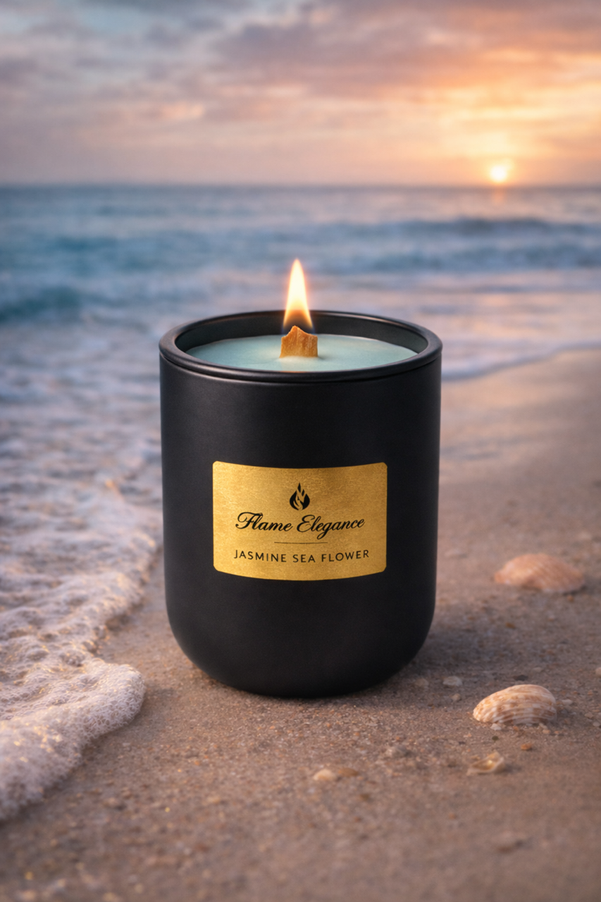 Jasmine sea flower aromatherapy candle with soft floral and ocean air notes, clean burn soy wax, wood wick, and elegant black ceramic vessel.