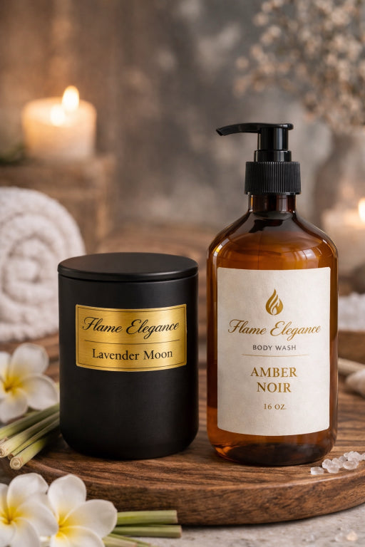 Flame Elegance lavender soy candle and body wash on a wooden tray with flowers and candles in the background