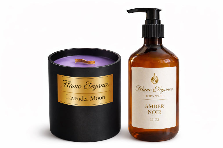 lavender candle and amber noir natural body wash with white background by flame elegance