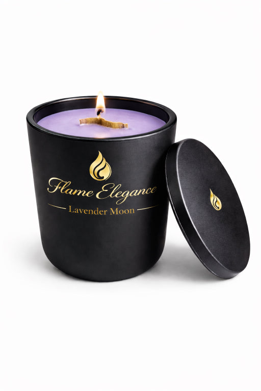 Black candle jar with purple candle labeled 'Flame Elegance Lavender Moon' on a white background