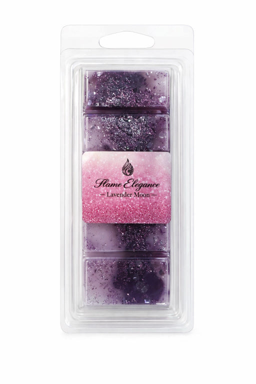 hand poured lavender moon wax melts with lavender vanilla fragrance and mica shimmer with white background. In Flame Elegance packaging. 