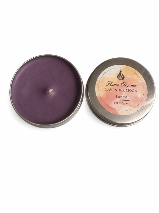 Scented candle in a tin with 'Flame Elegance Lavender Moon' label on a white background