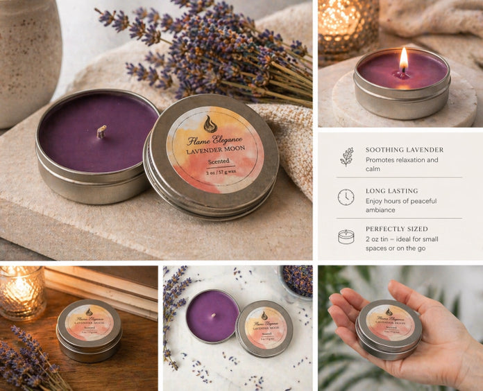 Collage of lavender-scented candles in tins with packaging and usage scenarios.