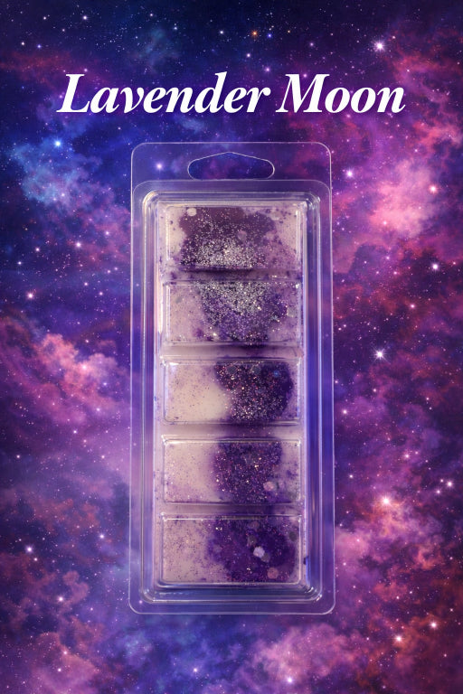 Lavender moon branding with a cosmic background. Relaxing wax melts for home fragrance warmers.