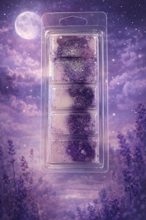 Lavender moon wax melt bar by Flame Elegance with purple shimmer mica bars in clamshell packaging