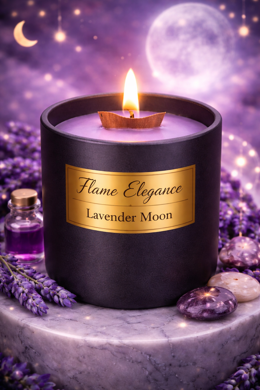 Lavender moon aromatherapy candle with calming lavender scent, clean burn soy wax, wood wick, black ceramic vessel with purple shimmer. 