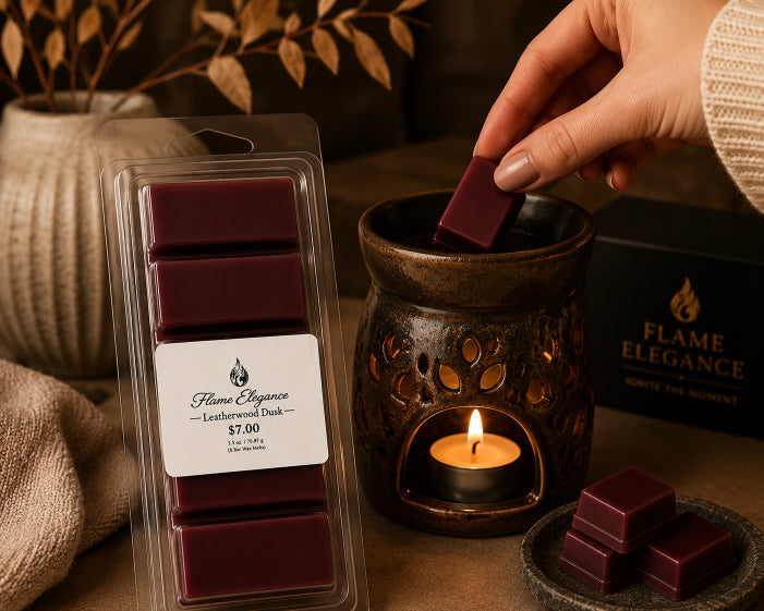 Hand dipping a leatherwood dusk soy wax melt into a wax warmer with 'Flame Elegance' packaging in the background.
