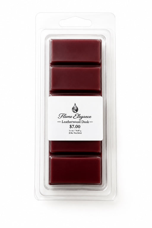 Clamshell packaging of Burgandy Leatherwood wax melt bar in a clear plastic packaging with 'Flame Elegance' branding on a white background.