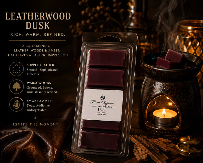 Packaged leatherwood dusk wax melts with a lit candle and cinnamon sticks on a dark background by Flame Elegance