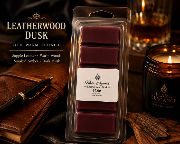 Clamshell Packaged leatherwood dusk wax melts with 'Flame Elegance' branding on a dark background