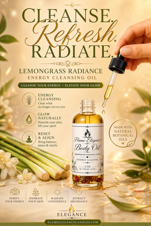 Lemongrass radiance energy cleansing oil with dropper and botanical elements on a beige background