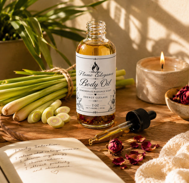 lemongrass radiance with black dropper lid off and laying beside bottle on table with lemongrass and dried rose petals laying next to the bottle of body oil by Flame Elegance.