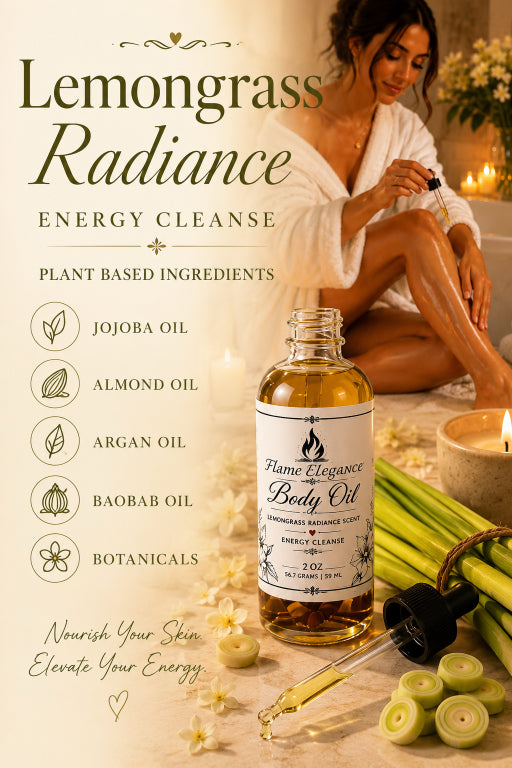 Image of Lemongrass radiance energy cleanse luxury plant-based body oil by Flame Elegance. Woman in background applying the body oil. Image has words on it that says plant based ingredients. Jojoba oil almond oil argan oil baobab oil and botanicals. 