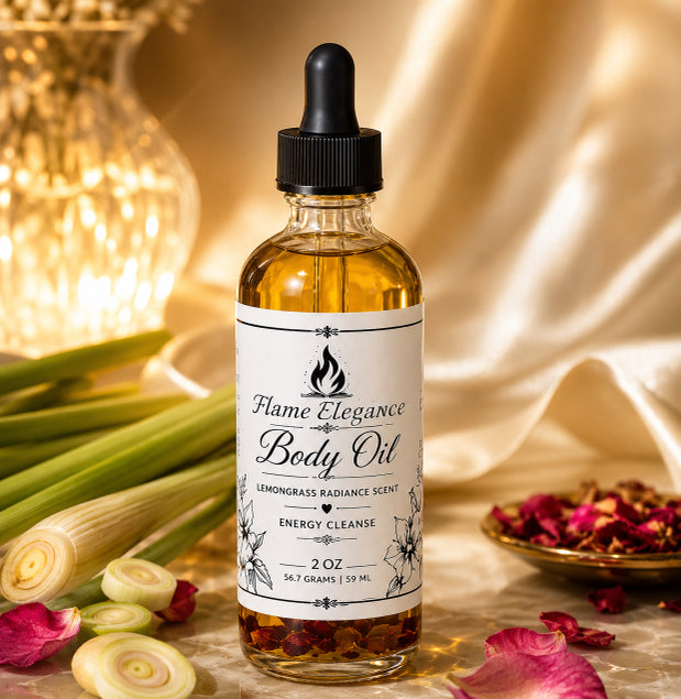 Bottle of luxury lemongrass radiance energy cleanse body oil by Flame Elegance sitting on a table with lemongrass a light and rose petals laying next to the bottle. 