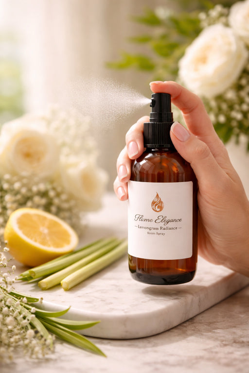 Natural citrus room spray safe for linens with floral and botanical styling by Flame Elegance