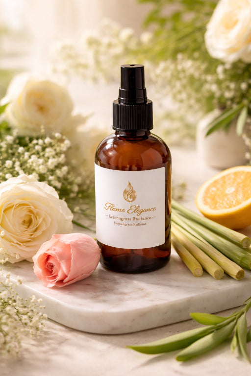 Toxin-free plant based lemongrass room and linen spray in amber glass bottle