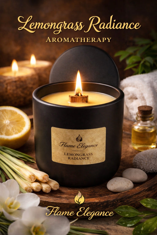 Lemongrass radiance aromatherapy candle with lemongrass and lemon elements on a wooden surface.