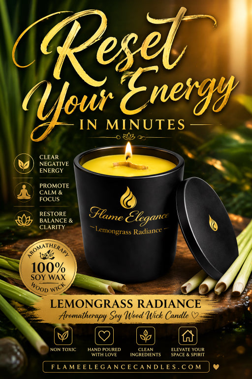 Flame Elegance Lemongrass Radiance candle with lemongrass stalks on a wooden surface.