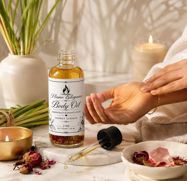 Bottle of lemongrass radiance energy cleanse body oil and a lady rubbing the oil into her wrist. 