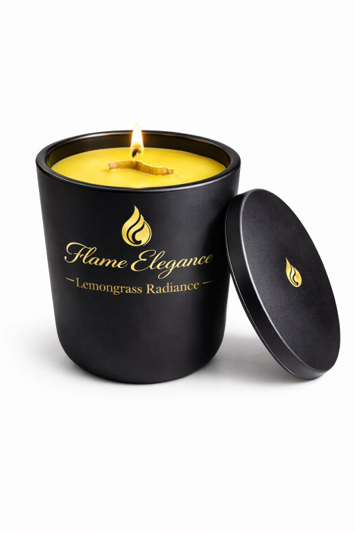 Black candle jar with 'Flame Elegance' branding and a lit candle inside on a white background