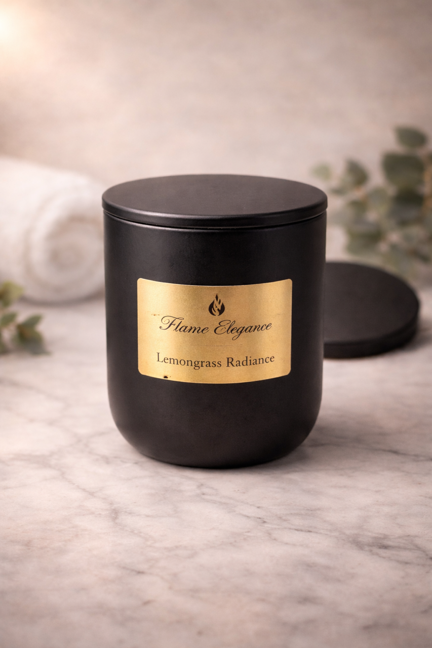 Lemongrass radiance aromatherapy candle with fresh citrus herbal scent, clean burn soy wax, wood wick, and elegant ceramic black vessel. 
