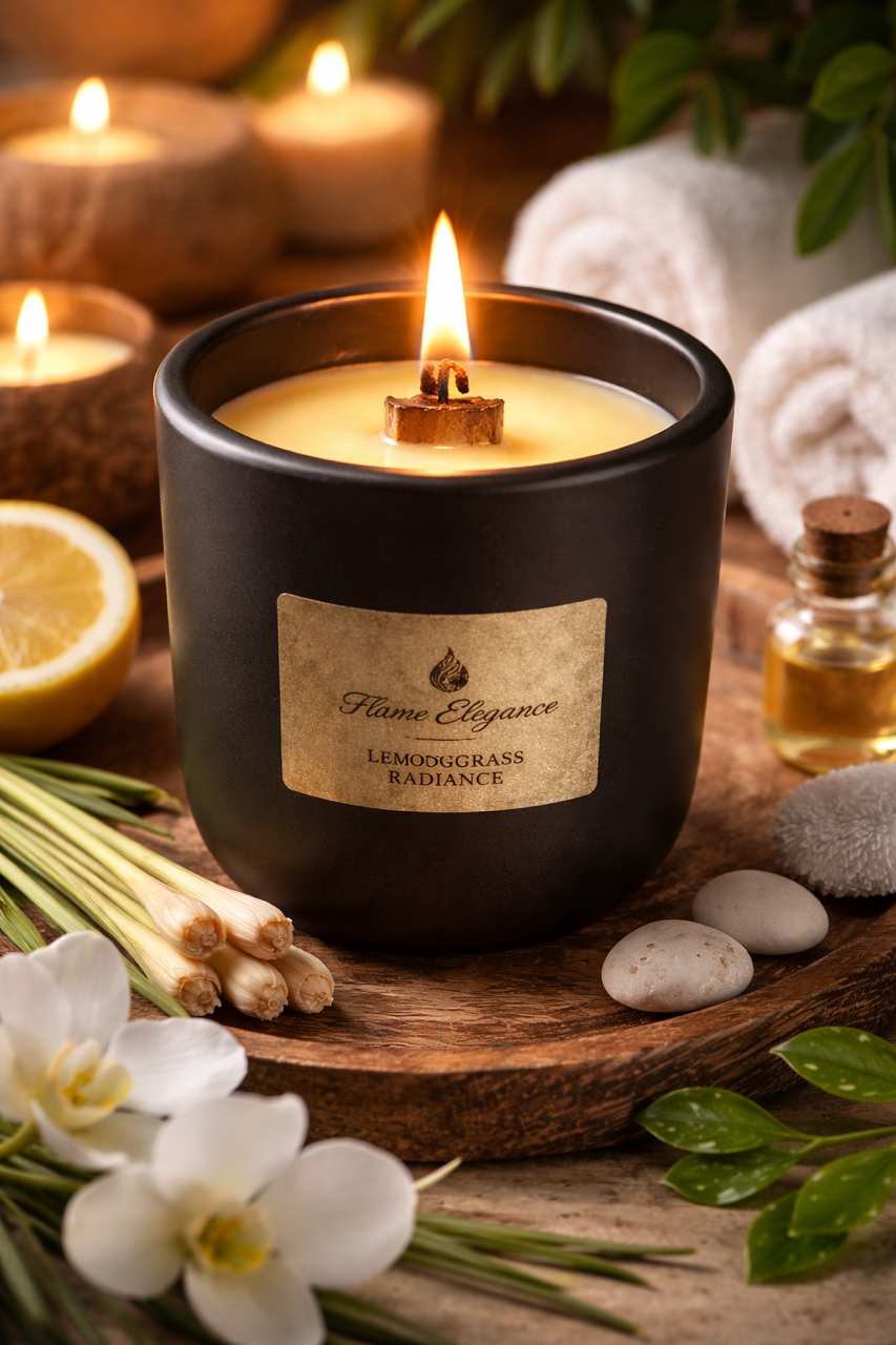 Lemongrass radiance aromatherapy candle with fresh citrus herbal scent, clean burn soy wax, wood wick, and elegant black ceramic vessel. 