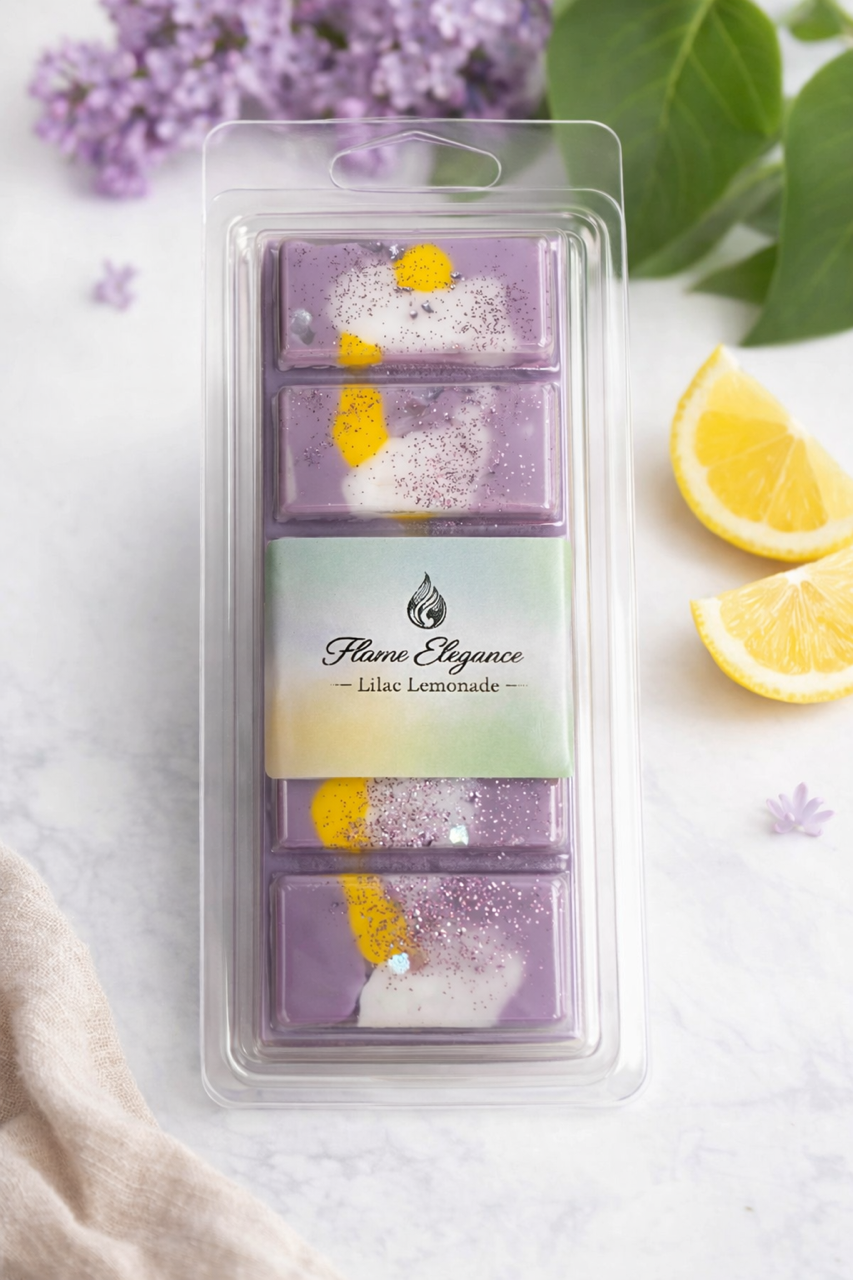 Packaged lilac lemonade scented wax melts with floral and citrus elements on a light background