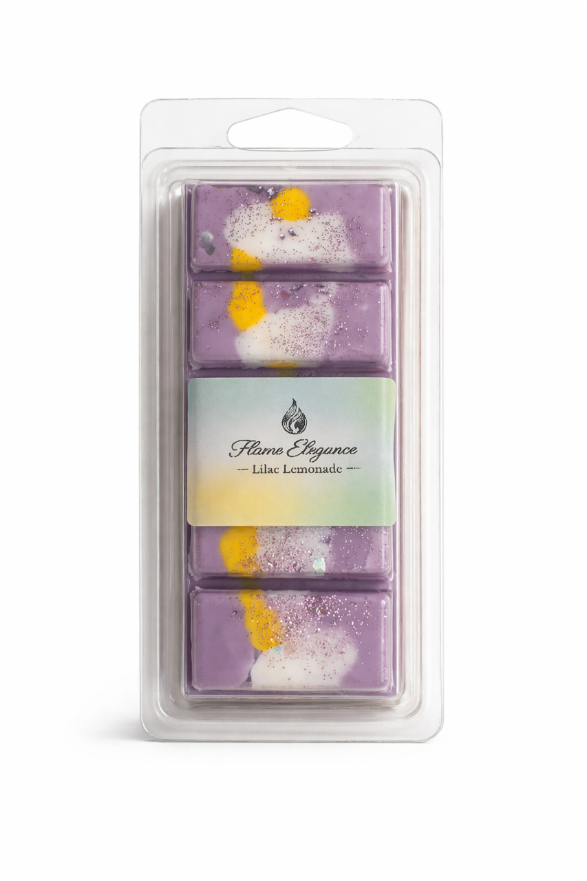 Lilac lemonade wax melt bar with fresh lavender and lemonade notes, handcrafted luxurious wax in soft pastel tones. 