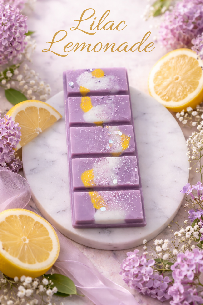 Lilac lemonade wax melt bar with fresh lavender and lemonade notes, handcrafted artisan wax in soft pastel tones.