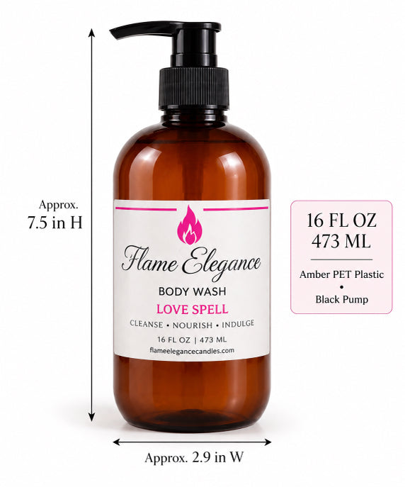 Amber PET plastic body wash bottle with a black pump dispenser and a white label reading 'Flame Elegance Love Spell Body Wash.' The image includes dimension arrows showing the bottle is approximately 7.