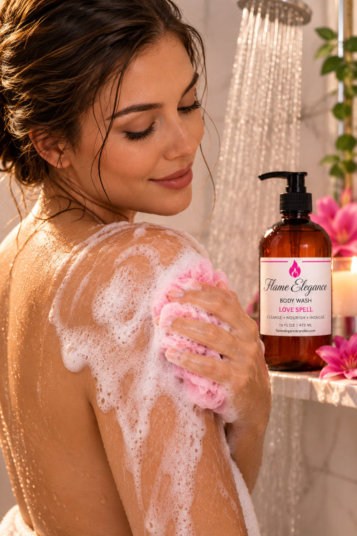 Woman scrubbing Love Spell by Flame Elegance body wash into her arm. 